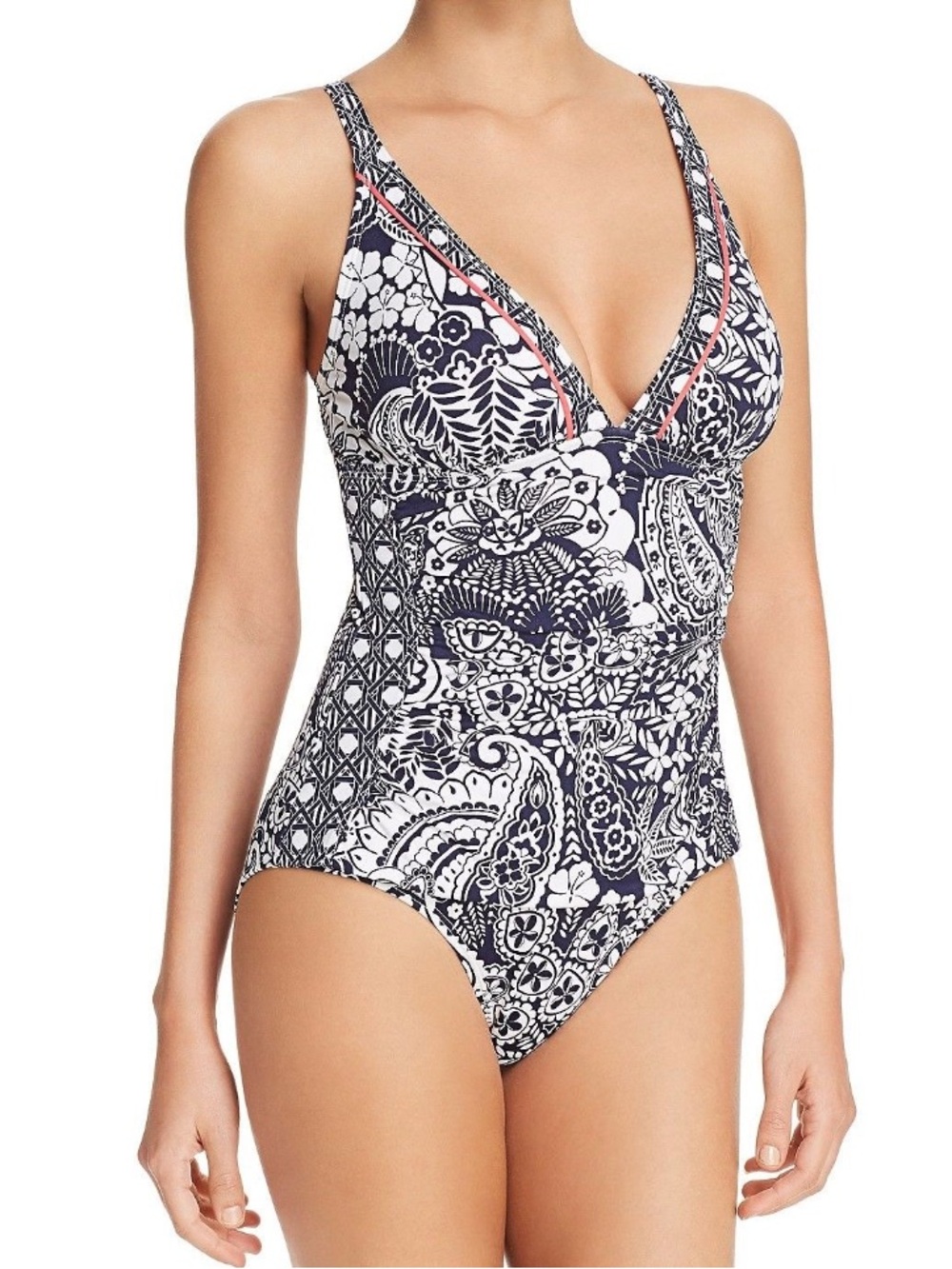 Tommy Bahama Navy, White & Pink Paisley Print One-Piece Swimsuit